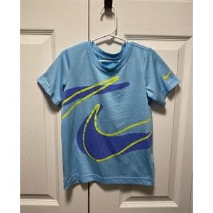 Nike Dri Fit Light Blue Check Logo Activewear Breathable T Shirt -Size 6/7
